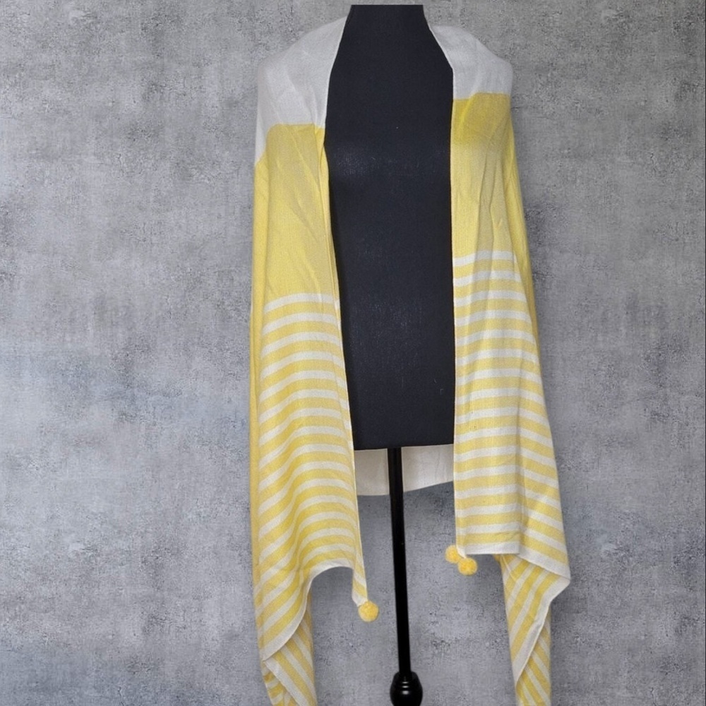 NWT J‎ Crew Womens Yellow White Pompom Trim Cape Scarf Coverup Beachy New Modal - Picture 3 of 10